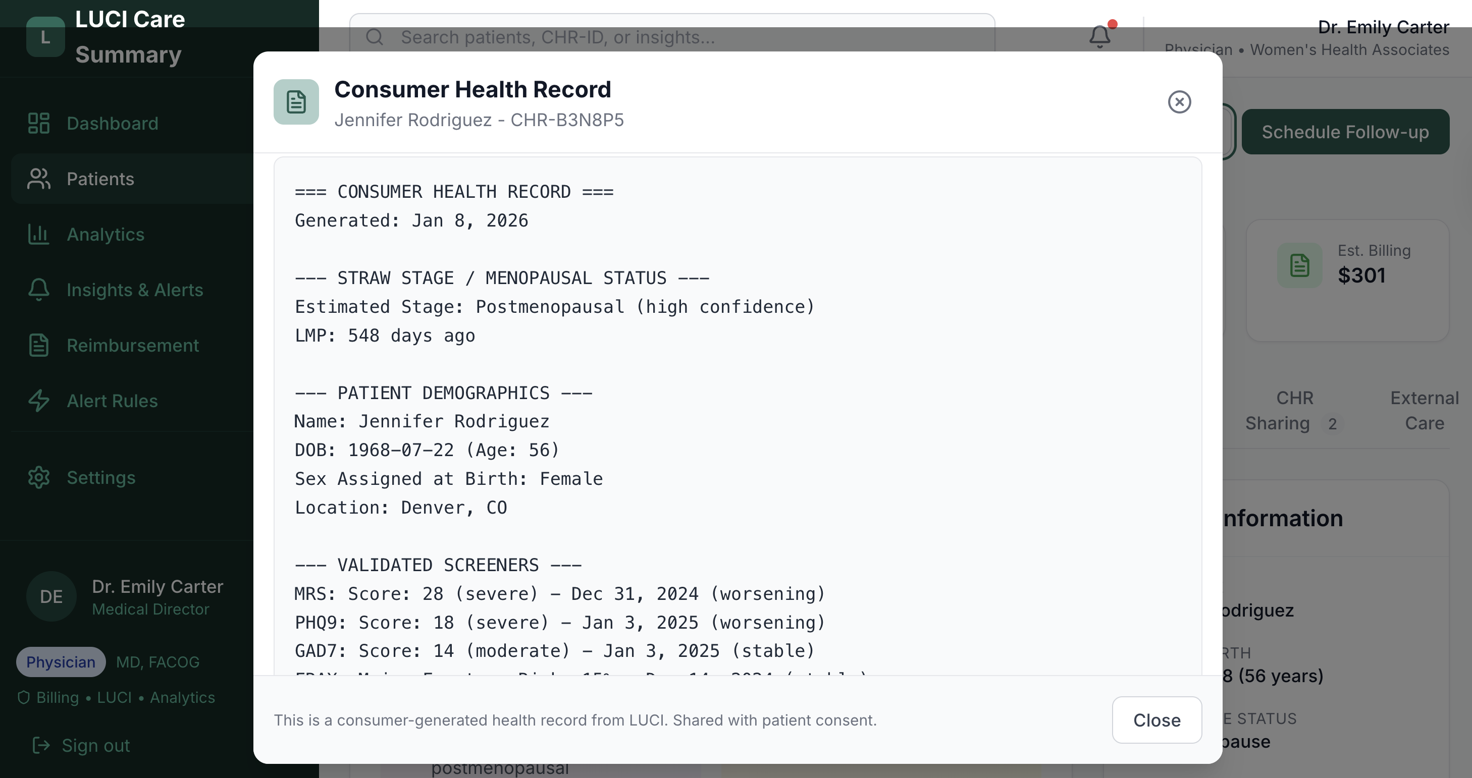 LUCI Care Summary CHR Overview showing comprehensive health record